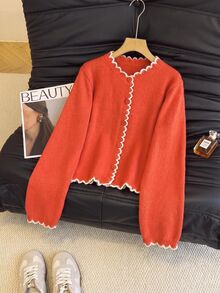 SHEIN Franclia French Romantic Colorblock Wavy Edge Commuter Cardigan - Burnt Orange - View 5