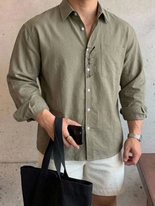DAZY Spring/Autumn Military Green Bamboo Joint Woven Fabric Korean Style Casual Plus Size Men's Shirt - Army Green - View 1