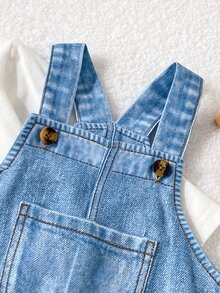 SHEIN Playful Pals 2件組男嬰春秋俏皮工裝風白色長袖T恤搭配運動字母印花吊帶褲套裝，寬鬆舒適版型，適合日常外出、學校活動、戶外玩耍、家庭聚會、拍照，戶外休閒仿水洗水紋印花 - 淺藍色 - 查看 8