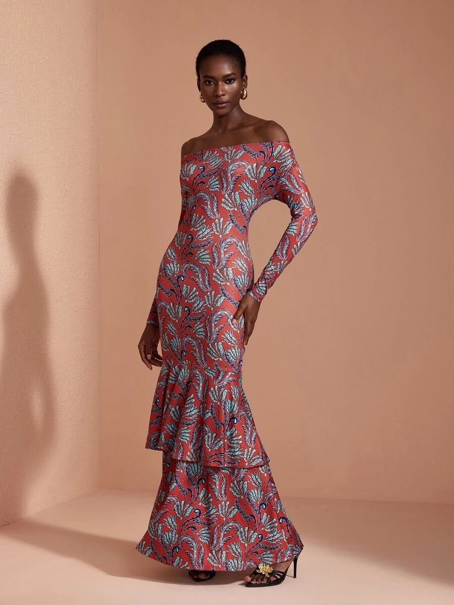 JIAN LASALA Knit Off Shoulder Long Sleeve Double Ruffle Layers Long Dress Elegant Vacation Holiday - Multicolor - View 1