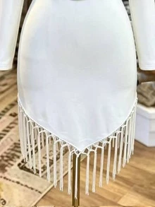 Glimmora Plus Size Elegant Tassel Hem Long Sleeve Business Dress - White - View 4