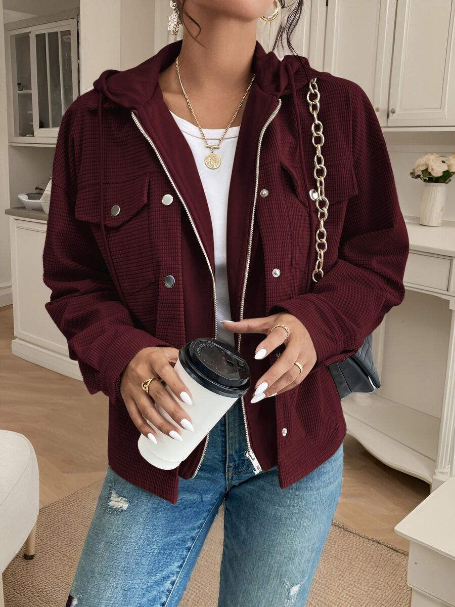 SHEIN Frenchy 女款時尚拉鍊鈕扣長袖連帽外套 - 酒紅色 - 查看 1