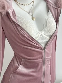 Elamini Vintage Y2K Velvet Fur Collar Hooded Rhinestone Embellished Waist-Cinching Slim Fit Long Sleeve Sweatshirt Jacket - Pink - View 3