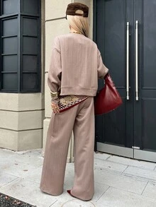 DAZY Autumn/Winter Solid Color Round Neck Textured Cardigan Jacket Paired With Loose Straight Leg Wide Leg Long Pants Casual Commute Daily Women Set - Coffee Brown - View 2