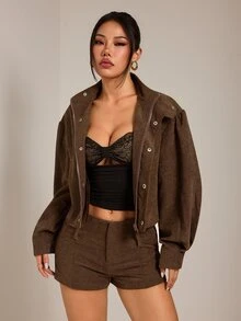 SHEIN PETITE Brown Corduroy Women's Jacket And Shorts Casual Set - Brown - View 4