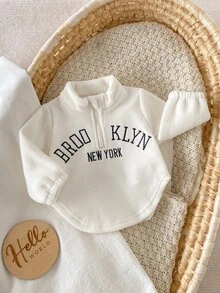 SHEIN Newborn Unisex Autumn Winter Sherpa Fleece Pull Cardigan: Brooklyn Letter Print Cream Half-Zip Winter Warm Teddy Outwear Jacket - Beige - View 3