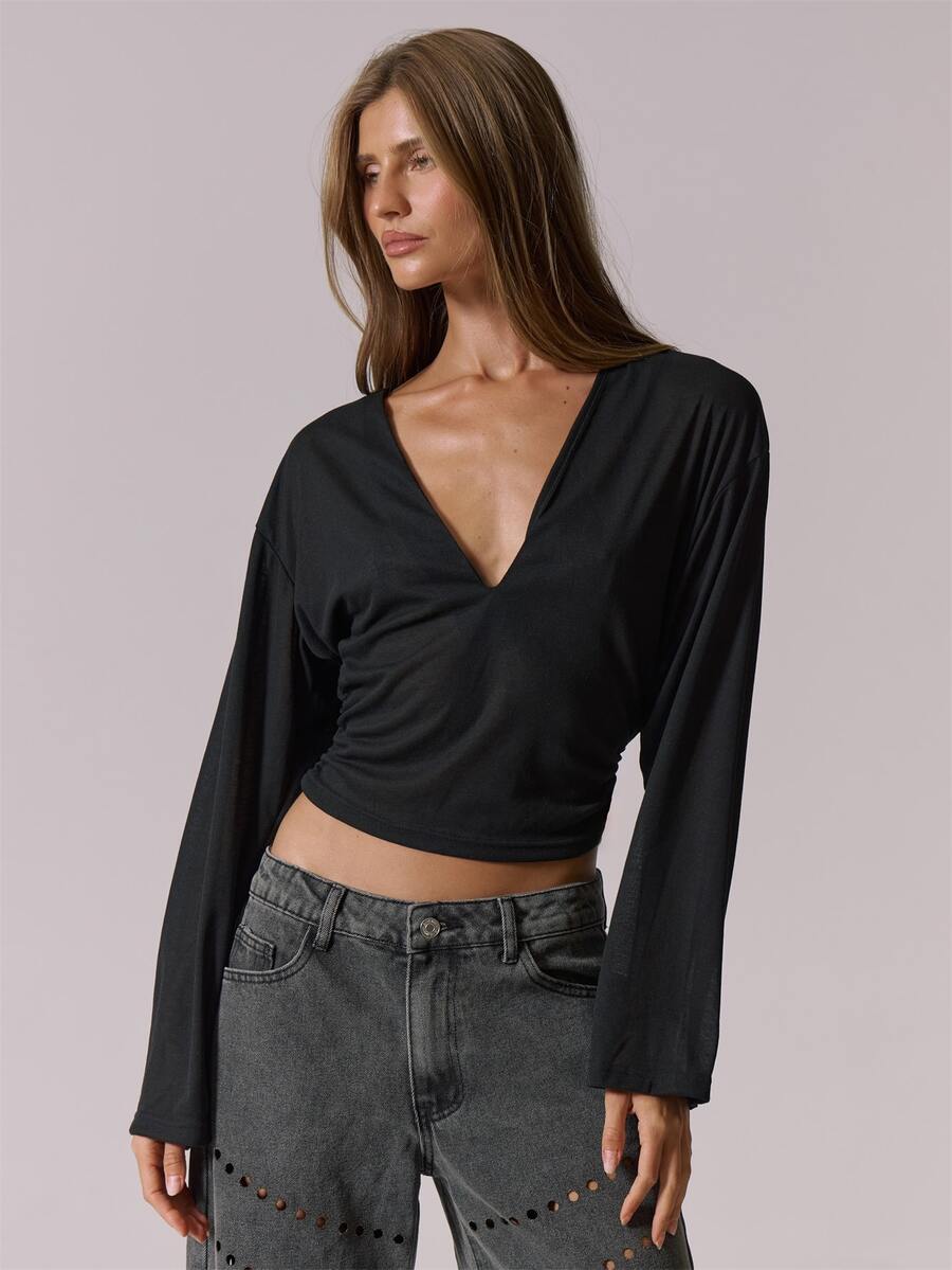 MUSERA Black Woven Sheer V Neck Cinched Waist Long Sleeve Top Autumn Winter Everyday Office Basics - Black - View 1