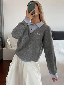DAZY Women's Colorblock 2 In 1 Letter Embroidered Loose Long Sleeve Polo Collar Casual Vacation Autumn/Winter Sweater - Grey - View 5