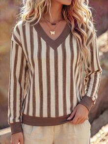 SHEIN New Plus Size Women's Fashion Casual Versatile V-Neck Coffee-Colored Vertical Striped Sweatshirt - Multicolor - View 4