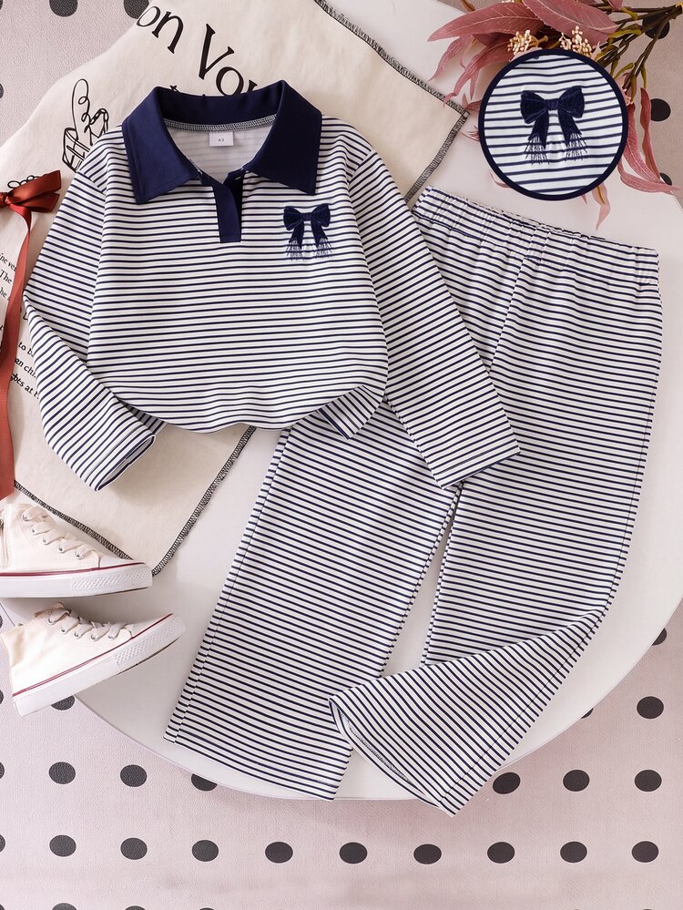 Conjunto de 2 piezas/Set de top de punto de manga larga con cuello a rayas y pantalones para niñas, ropa casual de moda para niños, adecuado para principios de otoño - azul real - Añade 1