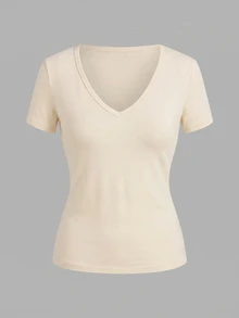 SHEIN EZwear 3件組女款休閒深V領修身短袖T恤，34%棉，夏季服飾，街頭風，適合日常通勤、約會、聚會、秋冬/夏季、派對、婚禮、海灘、畢業典禮，優雅休閒，適合外出、Y2K、音樂節穿搭、度假服飾、返校服裝 - 彩色 - 查看 4