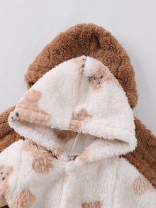 2pcs Newborn Home Romper Set, Soft Cotton Fleece, Hooded Design, Front Zipper For Easy Dressing, Full Foot Coverage, Bear Print + Plush Jacquard, Home & Outdoor Wear, 2 Colors Available - Multicolor - View 6