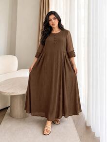 Solavon Plus Size Women's Solid Color Round Neck 3/4 Sleeve Button Design Casual Dress - Coffee Brown - View 6