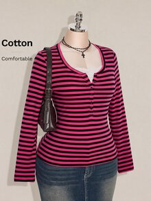 SHEIN ICON Women's Plus Size Autumn/Winter Contrast Lace Black & Grey Striped Slim Fit T-Shirt Fall - Multicolor - View 1