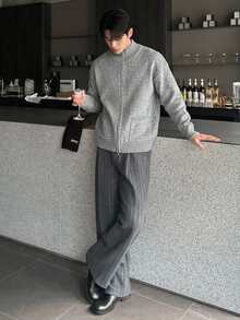 DAZY Men's Autumn/Winter Cardigan Sweater With Lapel Collar, Double Zipper Design, Grey Floral Pattern And Patch Pockets - Grey - View 6