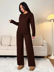 SHEIN PETITE 女款純色圓領長袖毛衣搭配長褲休閒正裝套裝，秋冬款 - 咖啡棕 - 查看 4