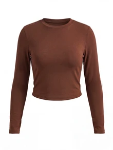 SHEIN Sports Women's Solid Color Round Neck Long Sleeve Slim Fit Sports T-Shirt - Khaki - View 4