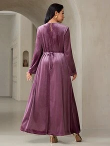 Veilorie 女款純色圓領長袖優雅派對場合洋裝 - 紫色 - 查看 2