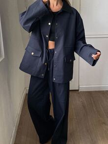 DAZY 女款純色長袖夾克與長褲休閒日常兩件套 - 藏蓝色 - 查看 3