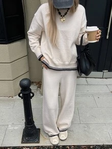 DAZY Autumn/Winter Beige Round Neck Trim Sweater & Loose Wide Leg Pants Casual Versatile Daily Commute Women's Two Pieces Set - Apricot - View 4