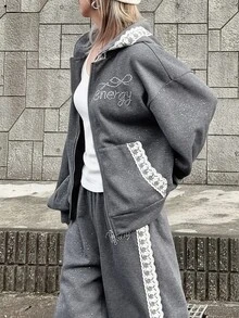 FRIFUL Setelan 2 Potong Wanita: Sweatshirt Lengan Panjang Berkerudung Berpayet dan Celana Patchwork Renda untuk Musim Gugur - Grey - View 6