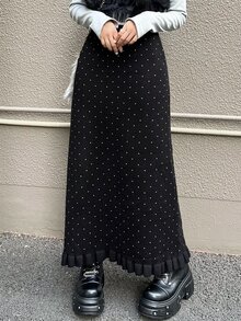 FRIFUL Women's French Polka Dot Print Sweater Midi Skirt For Date Fall - Black - View 1