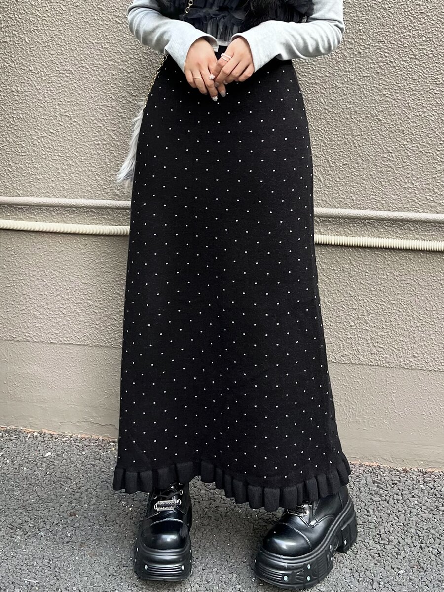 FRIFUL Women's French Polka Dot Print Sweater Midi Skirt For Date Fall - Black - View 1