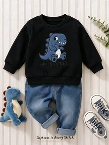 Cozy Pixies 男嬰恐龍拼接刺繡衛衣與牛仔褲2件套，黑色圓領恐龍拼接刺繡衛衣與牛仔長褲，親膚柔軟面料，可愛休閒風格嬰兒套裝，適合春秋日常穿著與居家穿著，小眾設計嬰兒套裝 - 彩色 - 查看 1