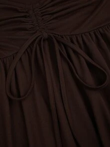 Sweetra Plus Size Women's Solid Color Front Drawstring Contrast Lace Flared Sleeve T-Shirt - Coffee Brown - View 6