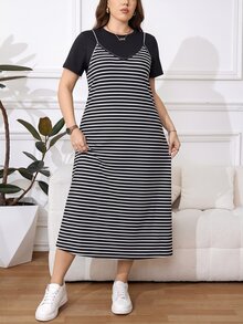 Easowa Curve 大尺碼女款純色圓領短袖T恤與條紋細肩帶洋裝休閒兩件套 - 黑與白 - 查看 6