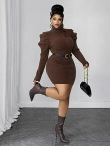 Maweii Plus Size Women's Knit Dress High Neck Petal Sleeve Slimming Fashion Dress - Coffee Brown - View 6