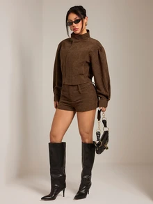 SHEIN PETITE Brown Corduroy Women's Jacket And Shorts Casual Set - Brown - View 6