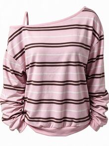 EMERY ROSE Women's Casual Preppy Style Minimalist Print Pink Striped Plus Size Full-Print T-Shirt, Suitable For Back To School, Summer And Graduation Season - Multicolor - View 2