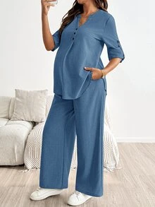 SHEIN 孕婦度假休閒純色襯衫與長褲兩件套 秋季 - 霧霾藍 - 查看 5