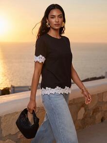 CAJUNI Women's Lace Patchwork Casual Versatile Daily Wear T-Shirt - Black and White - View 3