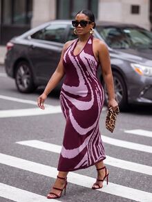Slaydiva Plus Size Women's Zebra Print Halter Neck Knit Dress - Purple - View 3