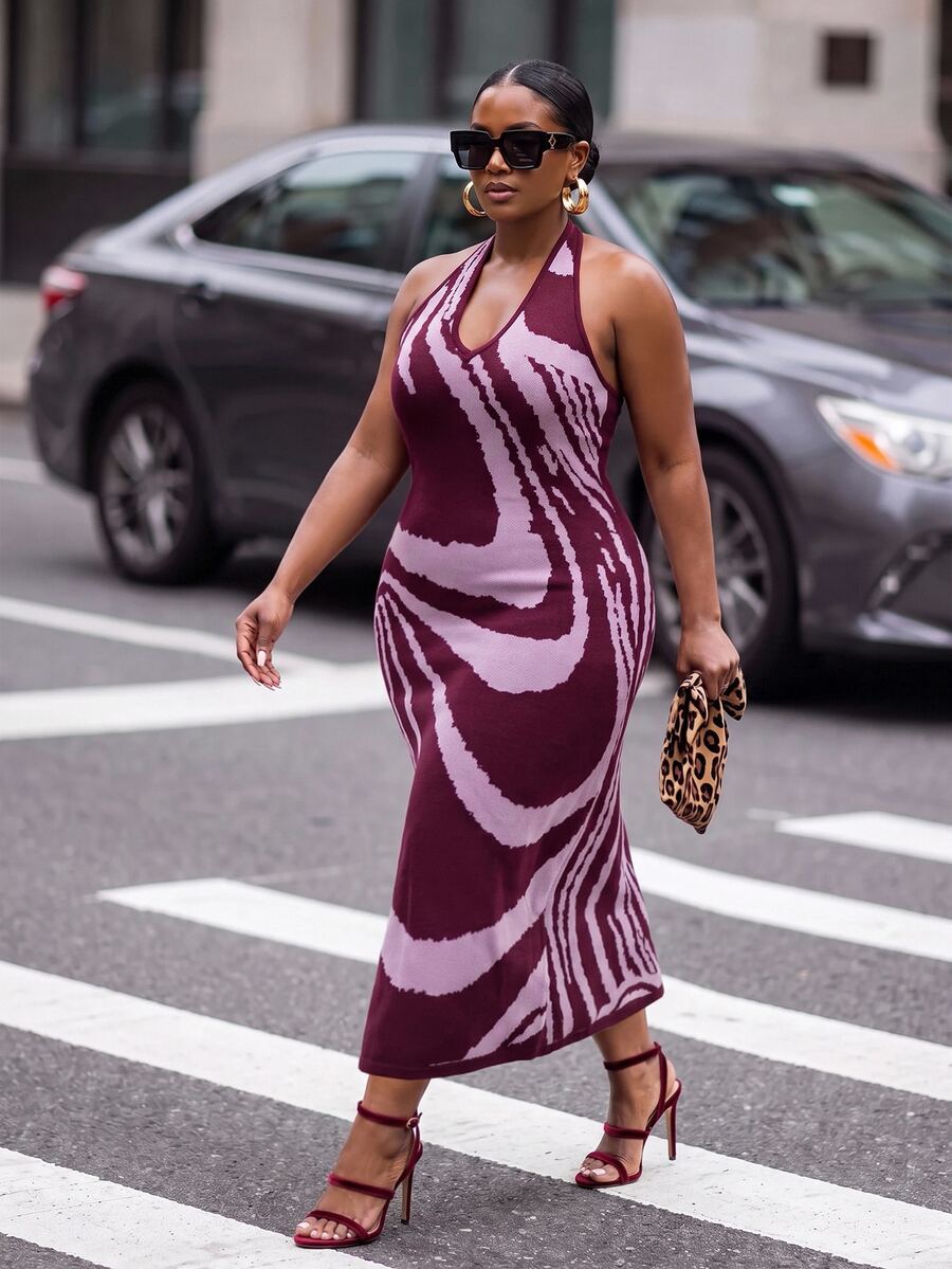 Slaydiva Plus Size Women's Zebra Print Halter Neck Knit Dress - Purple - View 1