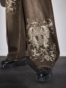 ROMWE MEN Casual بنطلون جينز رجالي مقاس كبير بنمط متقاطع وجيوب وساق واسعة فضفاض كاجوال - لون نحاسي - مشاهدة 6