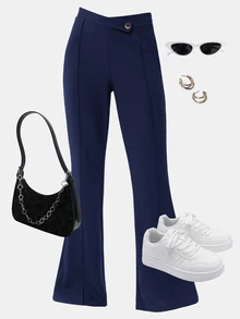 Girlism Teen Girls Elegant Solid Color Comfortable Asymmetrical Waist Flare Pants - Navy Blue - View 6