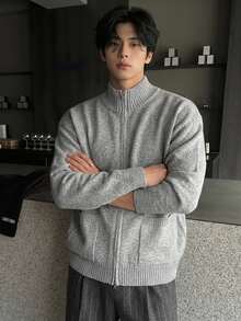 DAZY Men's Autumn/Winter Cardigan Sweater With Lapel Collar, Double Zipper Design, Grey Floral Pattern And Patch Pockets - Grey - View 7