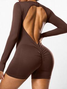 Slayform Women's Brown Backless Long Sleeve Seamless Sports Jumpsuit - Brown - View 5