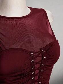 SHEIN ICON Plus Size Retro Y2K Sexy Mesh Patchwork Tank Top - Burgundy - View 6