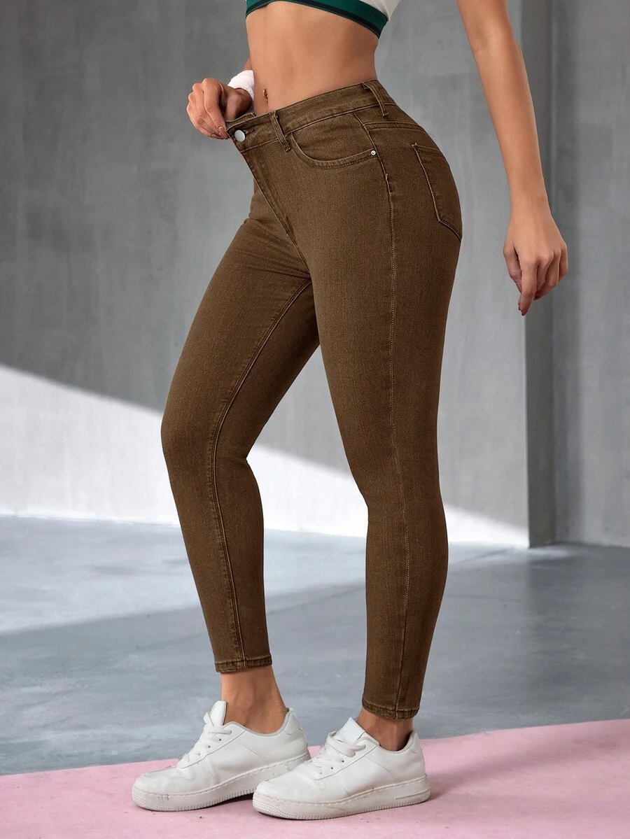 Flexra Women's Casual Daily Denim Jeans With Pockets And Buttons - Brown - View 1