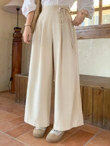 DAZY Women's Streetwear Button Pleated Loose Wide Leg Long Pants - White - View 7