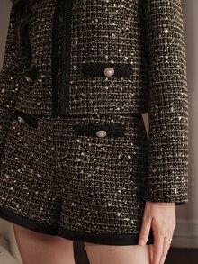 Anewsta Tweed Black & Gold Woven Sequin Trim Patch Pocket A-Line Wide Leg Slimming Versatile Elegant Commuter Shorts - Black - View 7