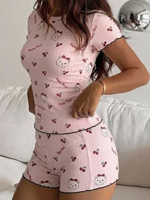 DAZY 女款夏季可愛圖案滿版印花針織修身短袖上衣與短褲兩件式睡衣套裝 秋季 - 粉色 - 查看 6