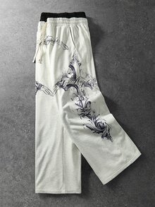 ROMWE MEN Men's Vintage Cross & Calligraphy Print Double Waistband Colorblock Long Pants - Grey - View 5