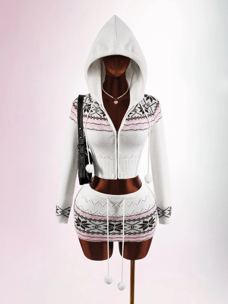 Amplova Women's Fair Isle Style Zip-Up Drawstring Hooded Knit Cardigan - White - View 1