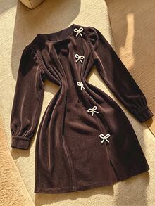 GlowEve Corduroy Small Round Neck Slit Pearl Bow Decor Exquisite Autumn/Winter Women's Short Dress - Coffee Brown - View 1
