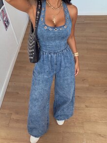 Jeanoix Women's Loose Tie-Front Denim Jumpsuit - Blue - View 6